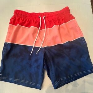 OLD NAVY MEN’S SWIM TRUNKS SIZE MEDIUM 
NAVY/SALMON COLORED/ORANGE WIDE STRIPES.